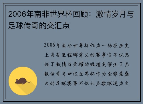 2006年南非世界杯回顾：激情岁月与足球传奇的交汇点